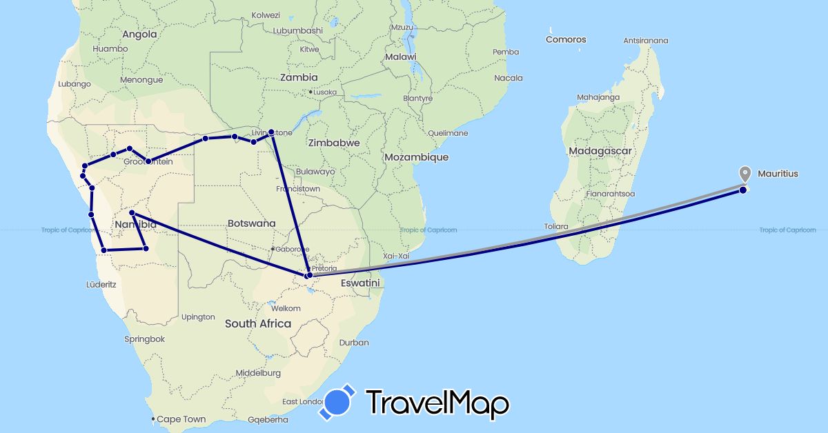 TravelMap itinerary: driving, plane in Australia, Botswana, Namibia, Réunion, South Africa, Zambia, Zimbabwe (Africa, Oceania)